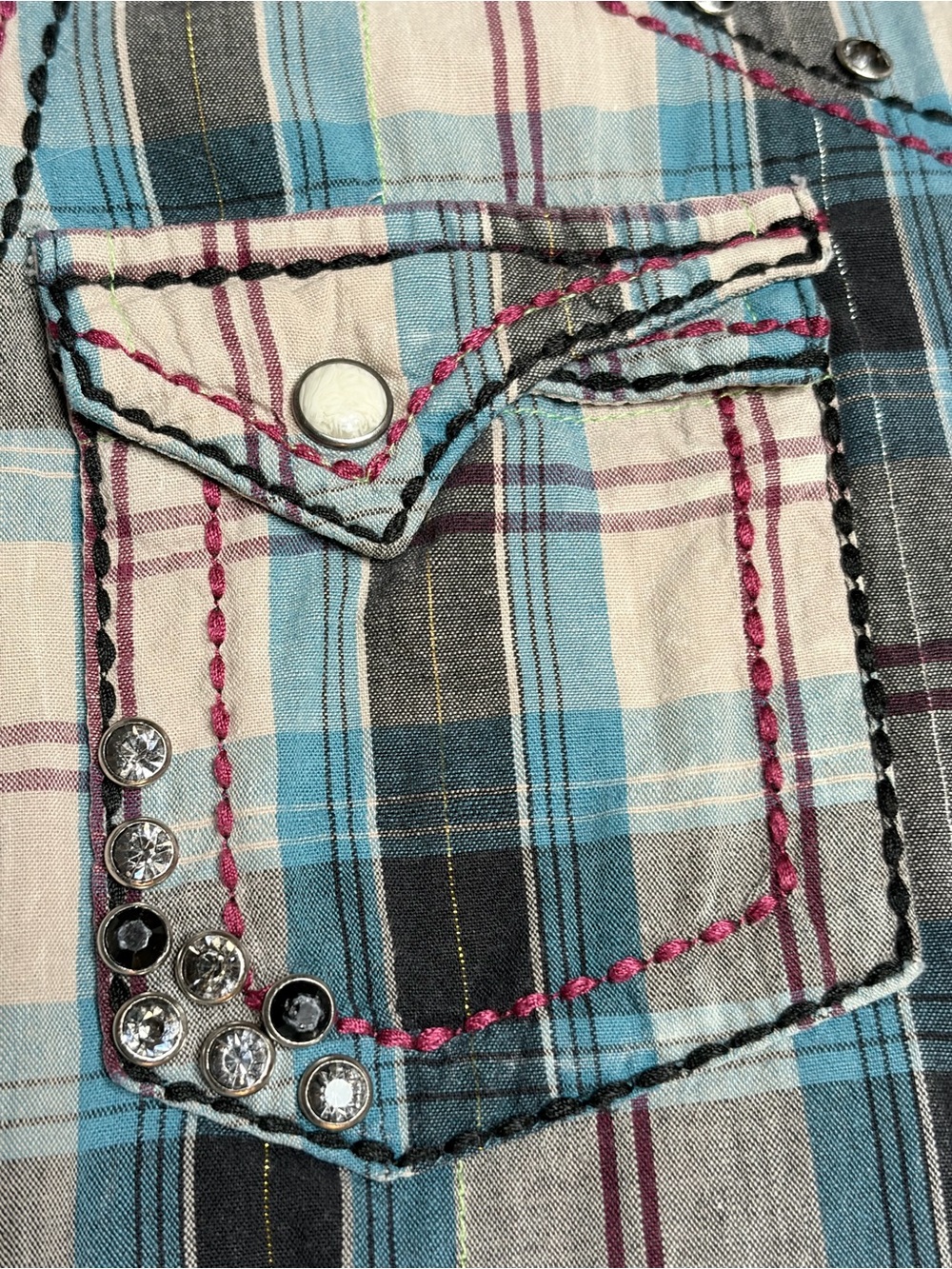 Embellished Plaid Snap-Front Western Shirt in Blue with Cream - Picture 8 of 14